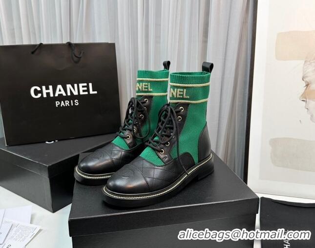 Best Product Chanel Sock Lace-up Ankle Boots in Knit and Calfskin Green 801070