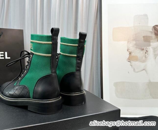 Best Product Chanel Sock Lace-up Ankle Boots in Knit and Calfskin Green 801070