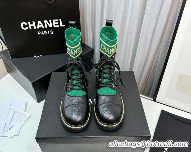 Best Product Chanel Sock Lace-up Ankle Boots in Knit and Calfskin Green 801070