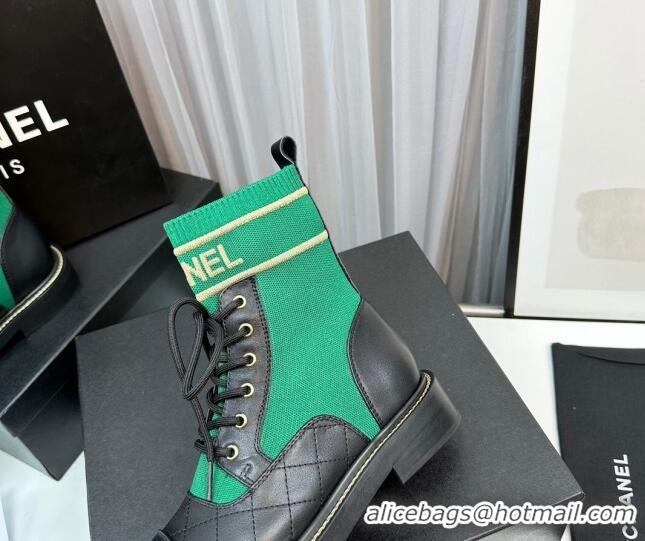 Best Product Chanel Sock Lace-up Ankle Boots in Knit and Calfskin Green 801070