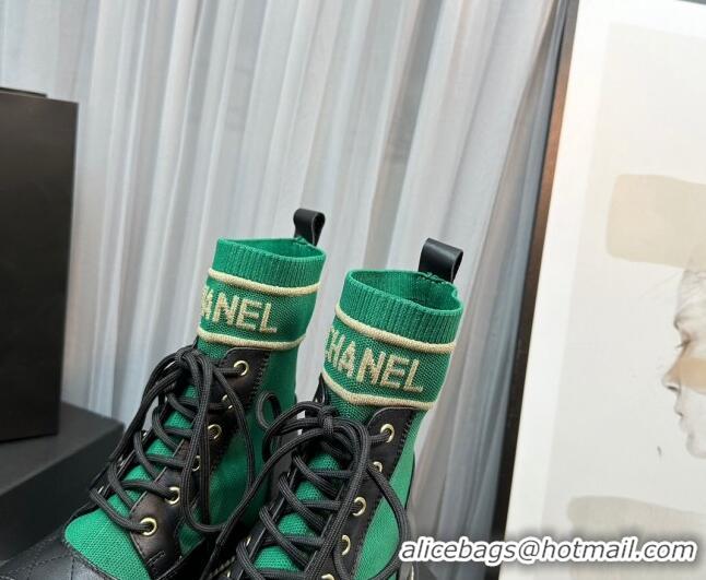 Best Product Chanel Sock Lace-up Ankle Boots in Knit and Calfskin Green 801070