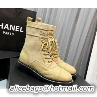 Best Price Chanel Sock Lace-up Ankle Boots in Knit and Calfskin Apricot 080107