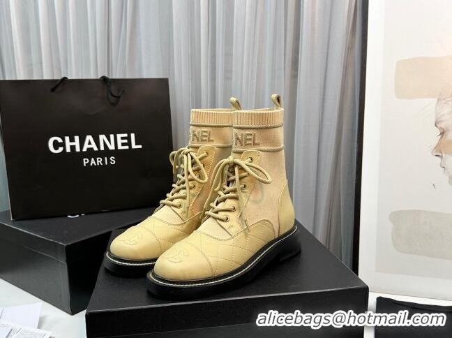 Best Price Chanel Sock Lace-up Ankle Boots in Knit and Calfskin Apricot 080107