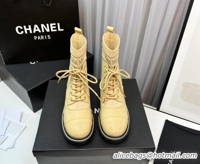 Best Price Chanel Sock Lace-up Ankle Boots in Knit and Calfskin Apricot 080107