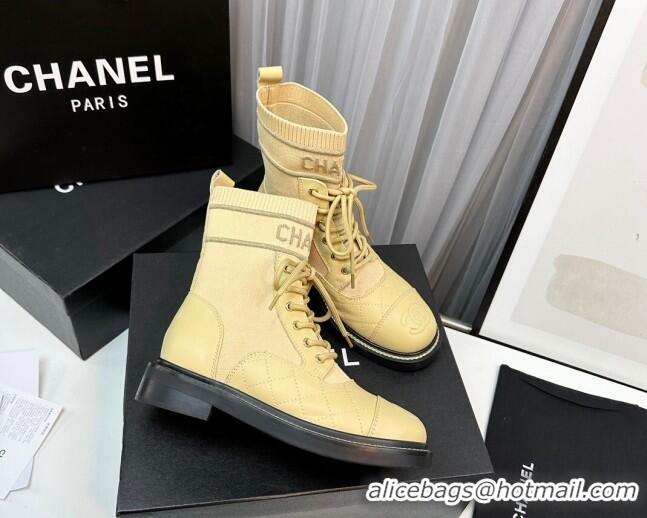 Best Price Chanel Sock Lace-up Ankle Boots in Knit and Calfskin Apricot 080107