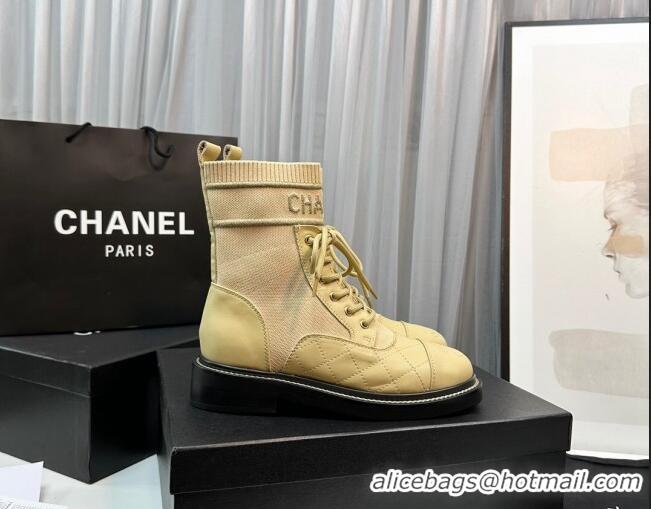 Best Price Chanel Sock Lace-up Ankle Boots in Knit and Calfskin Apricot 080107