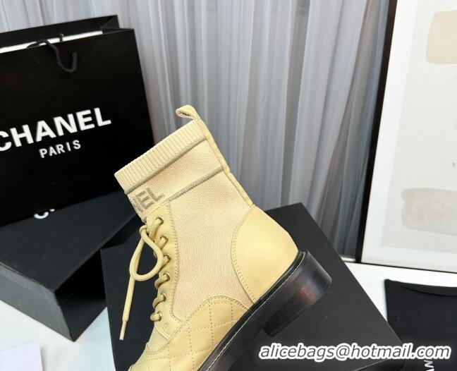 Best Price Chanel Sock Lace-up Ankle Boots in Knit and Calfskin Apricot 080107