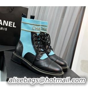 Good Product Chanel Sock Lace-up Ankle Boots in Knit and Calfskin Light Blue 801072