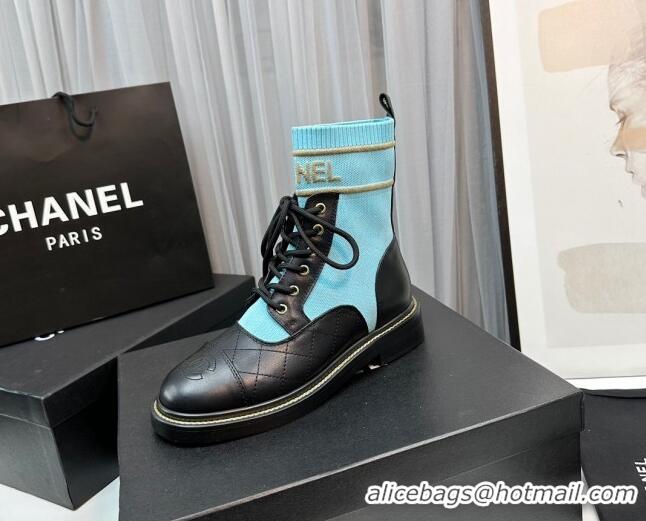 Good Product Chanel Sock Lace-up Ankle Boots in Knit and Calfskin Light Blue 801072