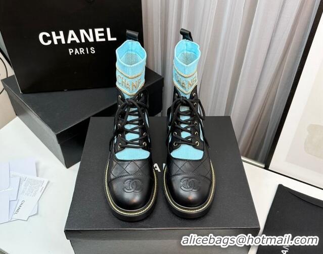 Good Product Chanel Sock Lace-up Ankle Boots in Knit and Calfskin Light Blue 801072