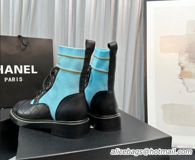 Good Product Chanel Sock Lace-up Ankle Boots in Knit and Calfskin Light Blue 801072