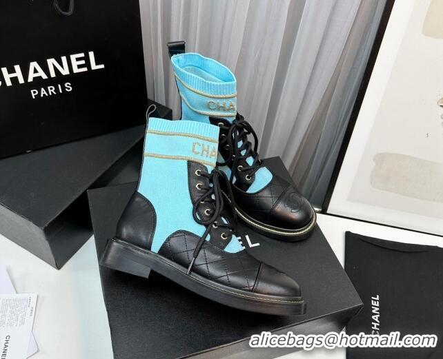 Good Product Chanel Sock Lace-up Ankle Boots in Knit and Calfskin Light Blue 801072