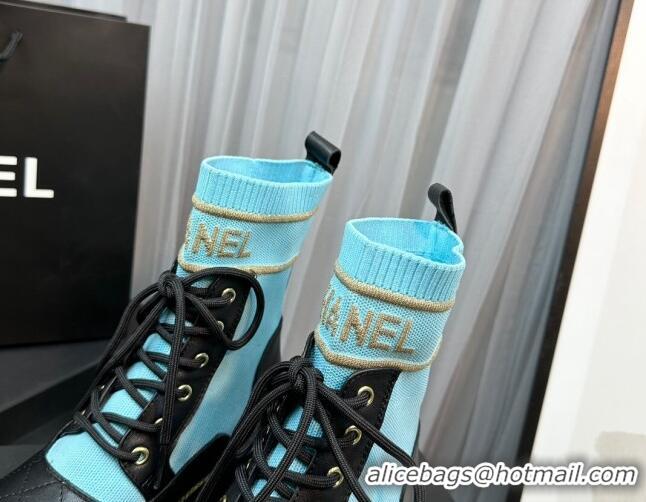 Good Product Chanel Sock Lace-up Ankle Boots in Knit and Calfskin Light Blue 801072