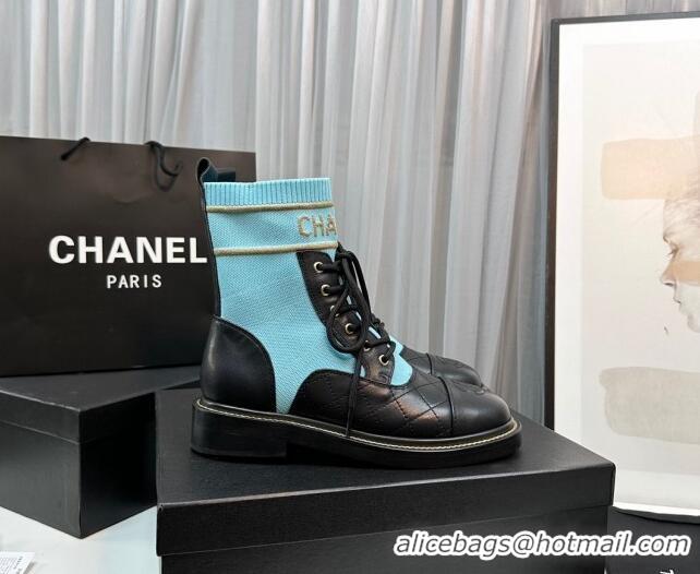 Good Product Chanel Sock Lace-up Ankle Boots in Knit and Calfskin Light Blue 801072