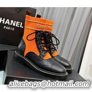 Pretty Style Chanel Sock Lace-up Ankle Boots in Knit and Calfskin Orange 801073