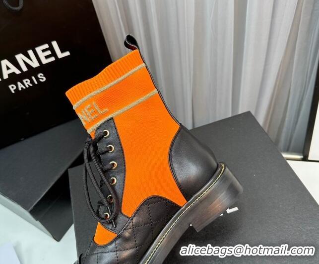 Pretty Style Chanel Sock Lace-up Ankle Boots in Knit and Calfskin Orange 801073