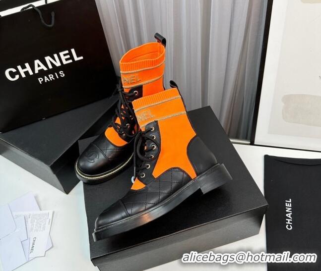 Pretty Style Chanel Sock Lace-up Ankle Boots in Knit and Calfskin Orange 801073