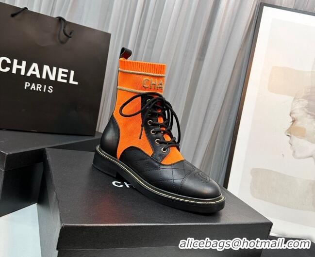 Pretty Style Chanel Sock Lace-up Ankle Boots in Knit and Calfskin Orange 801073