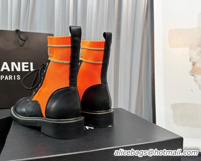 Pretty Style Chanel Sock Lace-up Ankle Boots in Knit and Calfskin Orange 801073