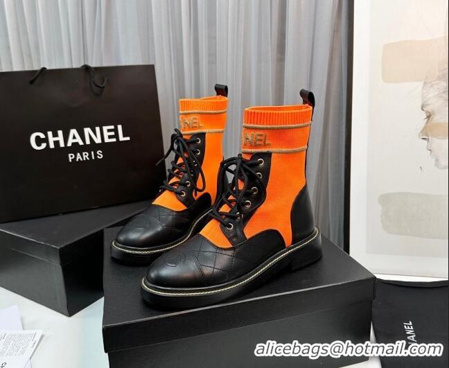 Pretty Style Chanel Sock Lace-up Ankle Boots in Knit and Calfskin Orange 801073