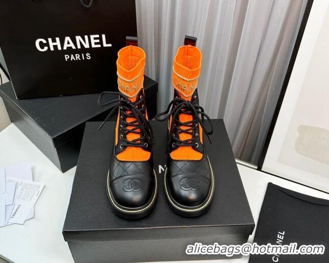 Pretty Style Chanel Sock Lace-up Ankle Boots in Knit and Calfskin Orange 801073