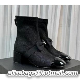 Trendy Design Chanel Stretch Fabric Short Ankle Boots 5.5cm with Bow G40099 Black