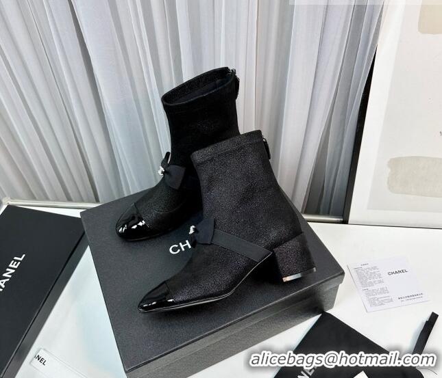 Trendy Design Chanel Stretch Fabric Short Ankle Boots 5.5cm with Bow G40099 Black