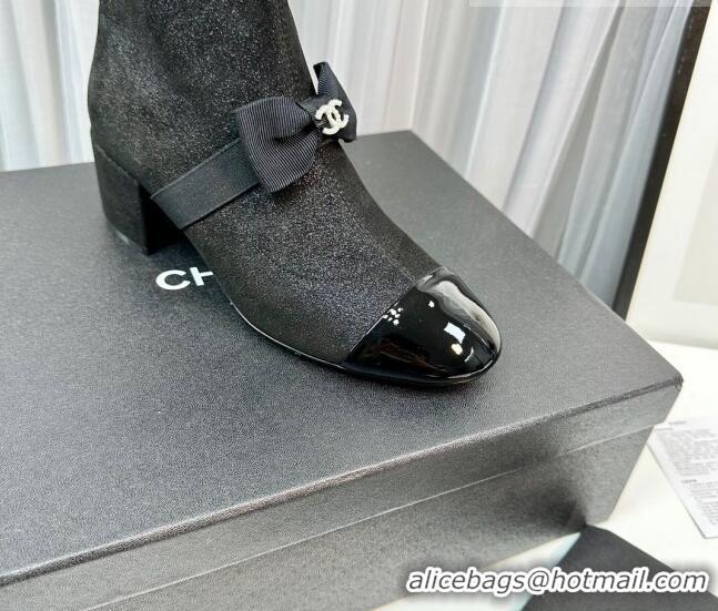 Trendy Design Chanel Stretch Fabric Short Ankle Boots 5.5cm with Bow G40099 Black