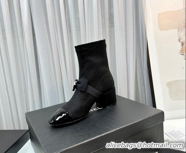 Trendy Design Chanel Stretch Fabric Short Ankle Boots 5.5cm with Bow G40099 Black