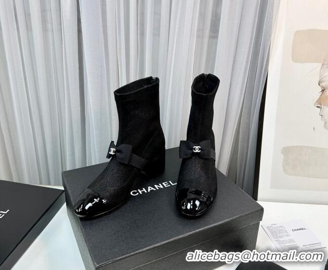 Trendy Design Chanel Stretch Fabric Short Ankle Boots 5.5cm with Bow G40099 Black