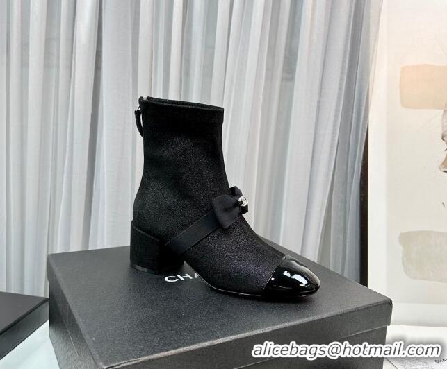 Trendy Design Chanel Stretch Fabric Short Ankle Boots 5.5cm with Bow G40099 Black