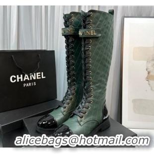 Durable Chanel Quilted Lambskin & Patent Calfskin Lace-ups High Boots Green 801074