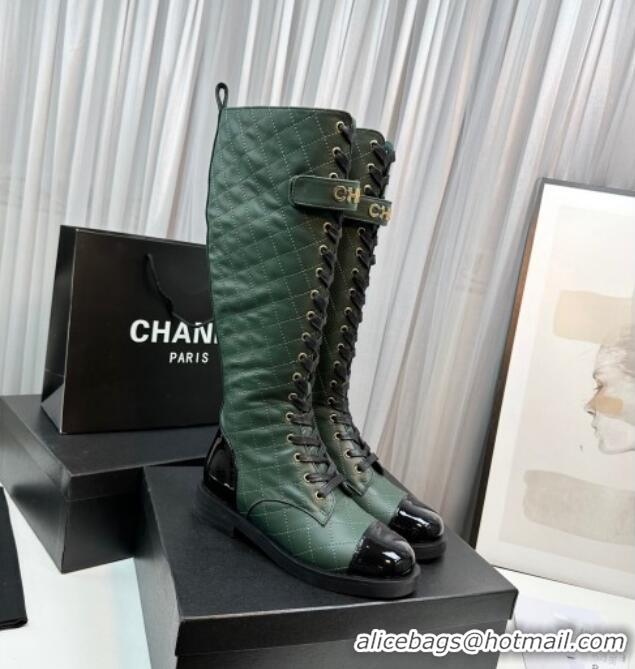 Durable Chanel Quilted Lambskin & Patent Calfskin Lace-ups High Boots Green 801074