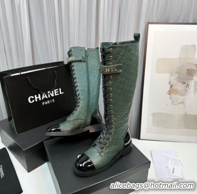 Durable Chanel Quilted Lambskin & Patent Calfskin Lace-ups High Boots Green 801074