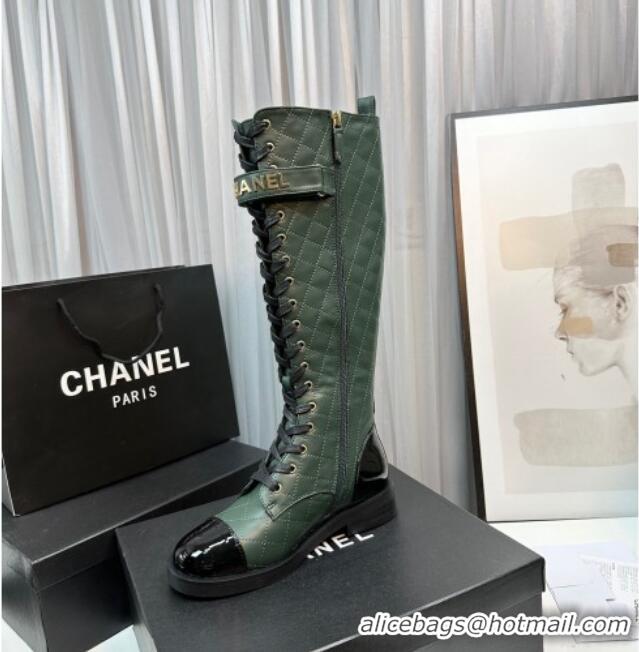 Durable Chanel Quilted Lambskin & Patent Calfskin Lace-ups High Boots Green 801074