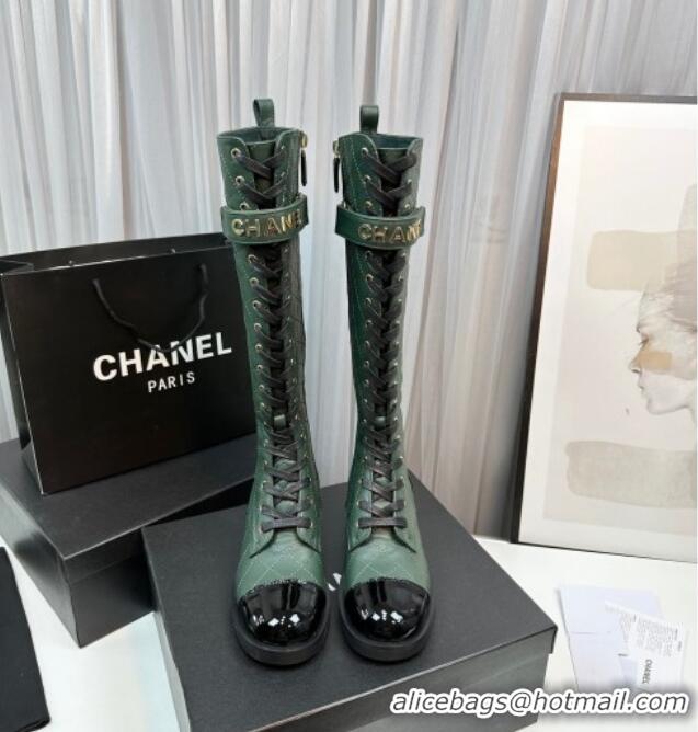 Durable Chanel Quilted Lambskin & Patent Calfskin Lace-ups High Boots Green 801074