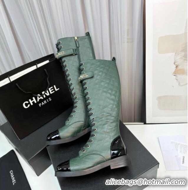 Durable Chanel Quilted Lambskin & Patent Calfskin Lace-ups High Boots Green 801074