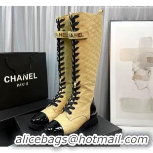 Popular Style Chanel Quilted Lambskin & Patent Calfskin Lace-ups High Boots Apricot 801075