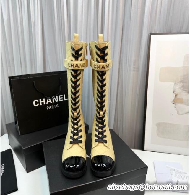 Popular Style Chanel Quilted Lambskin & Patent Calfskin Lace-ups High Boots Apricot 801075