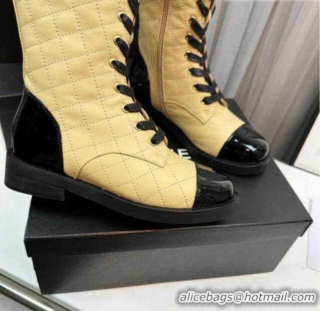 Popular Style Chanel Quilted Lambskin & Patent Calfskin Lace-ups High Boots Apricot 801075