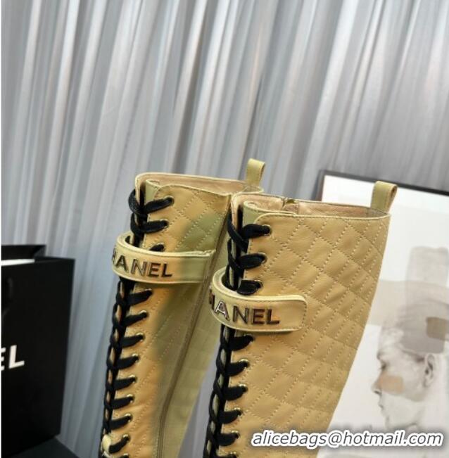 Popular Style Chanel Quilted Lambskin & Patent Calfskin Lace-ups High Boots Apricot 801075