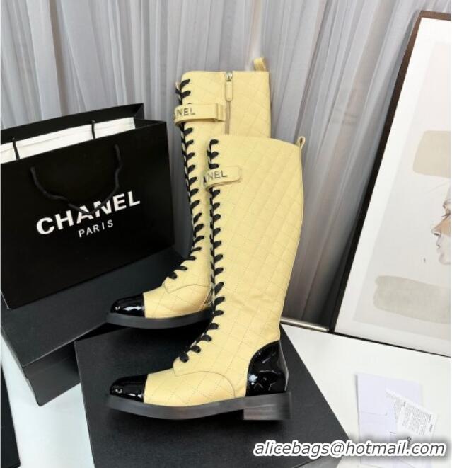 Popular Style Chanel Quilted Lambskin & Patent Calfskin Lace-ups High Boots Apricot 801075