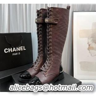 Purchase Chanel Quilted Lambskin & Patent Calfskin Lace-ups High Boots Brown 801076