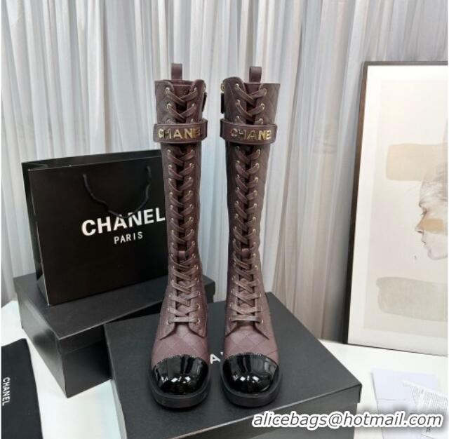 Purchase Chanel Quilted Lambskin & Patent Calfskin Lace-ups High Boots Brown 801076