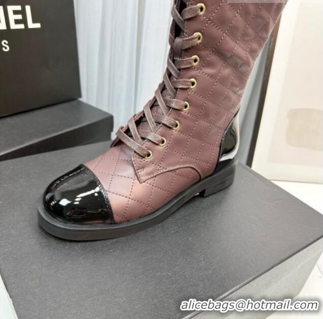 Purchase Chanel Quilted Lambskin & Patent Calfskin Lace-ups High Boots Brown 801076