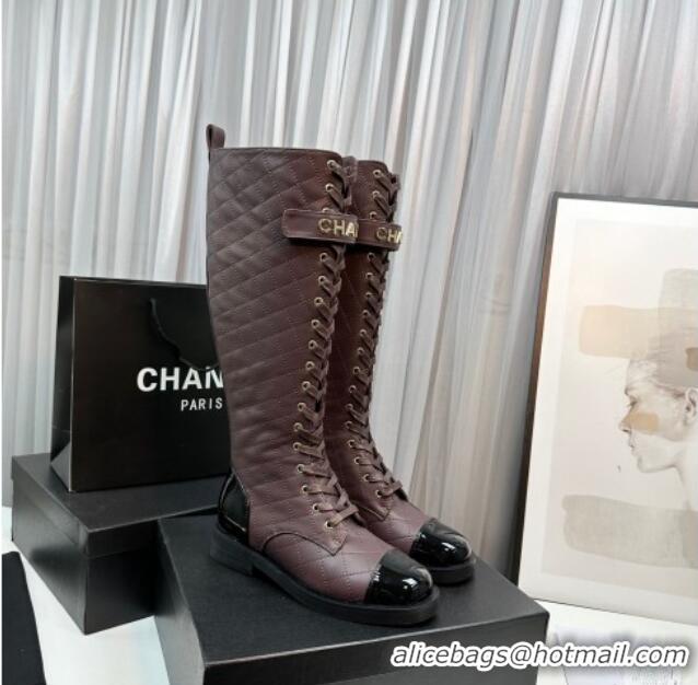 Purchase Chanel Quilted Lambskin & Patent Calfskin Lace-ups High Boots Brown 801076