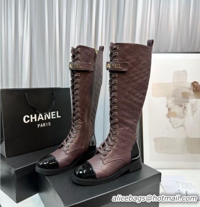 Purchase Chanel Quilted Lambskin & Patent Calfskin Lace-ups High Boots Brown 801076