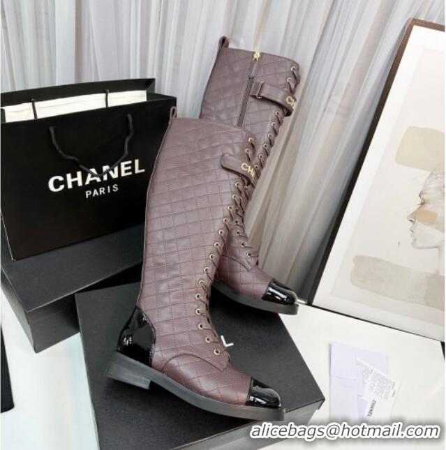 Purchase Chanel Quilted Lambskin & Patent Calfskin Lace-ups High Boots Brown 801076