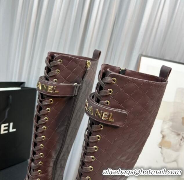 Purchase Chanel Quilted Lambskin & Patent Calfskin Lace-ups High Boots Brown 801076