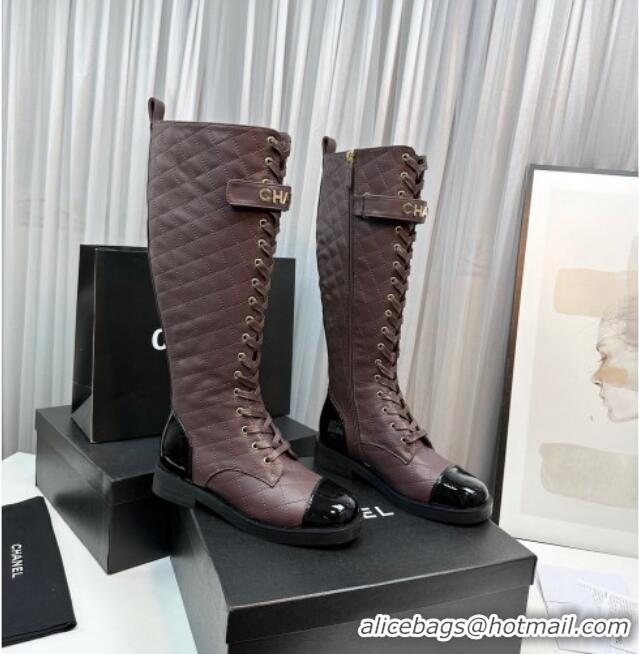 Purchase Chanel Quilted Lambskin & Patent Calfskin Lace-ups High Boots Brown 801076